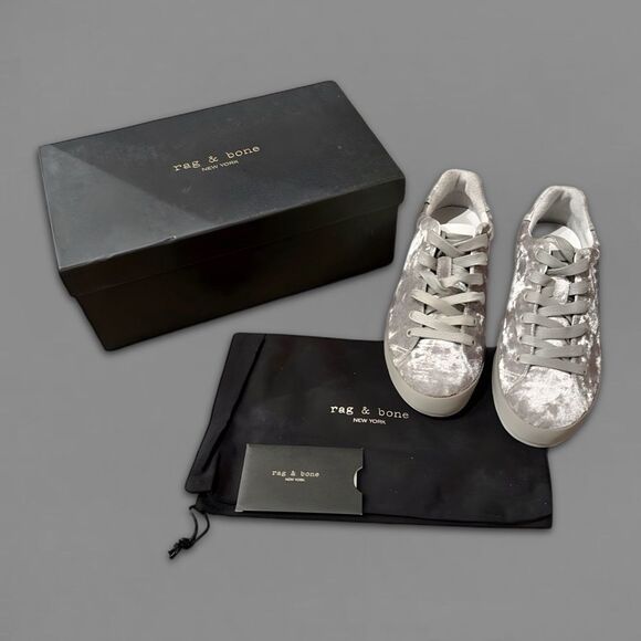 Rag & Bone Sneakers RB1 Low Top in Dove Crushed Velvet Silver Grey - Picture 3 of 17
